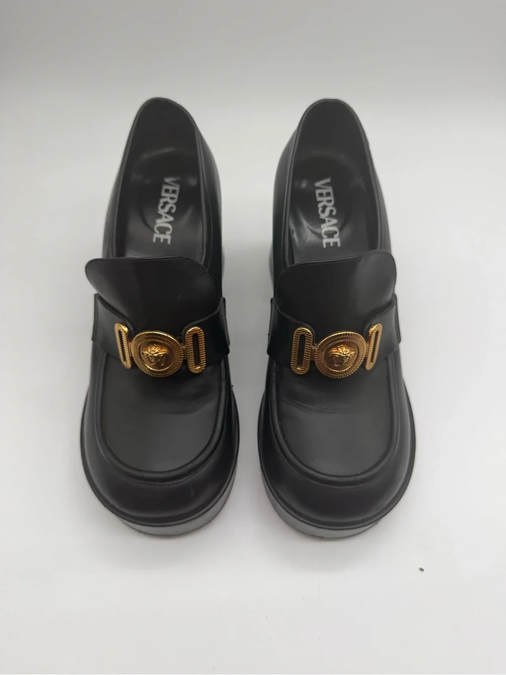Versace Black Leather Platform Loafers with Gold Medallion Sz 38 EU